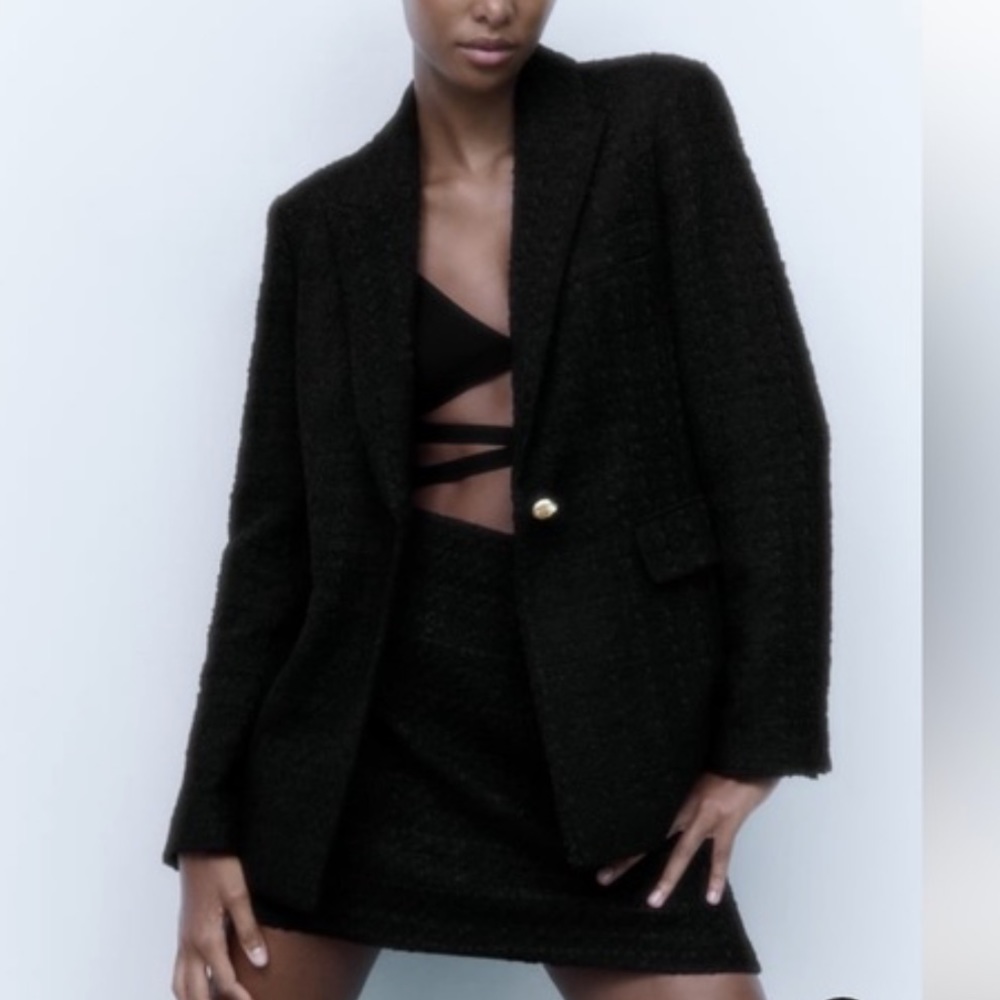 ZARA BLACK TEXTURED POCKET BLAZER & SKIRT SET